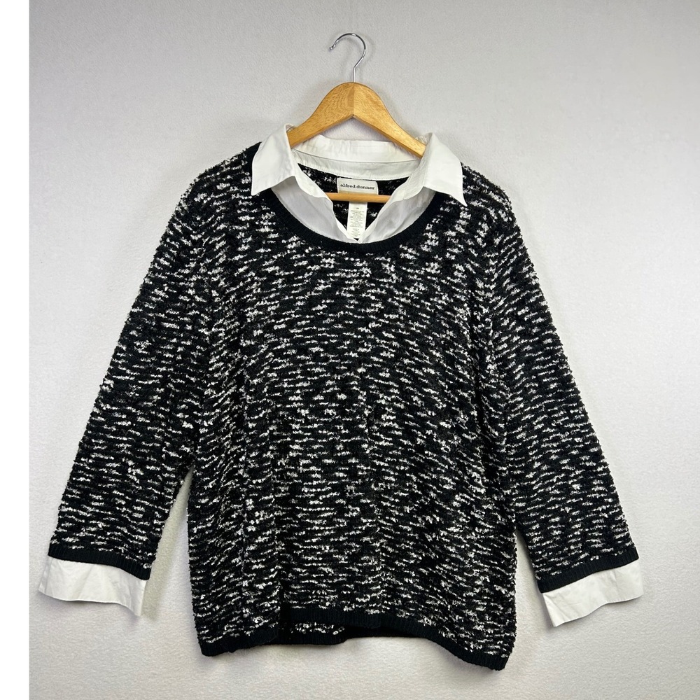 Alfred Dunner Woman Black White Textured Knit Collared Sweater‎ 2X Layered Look